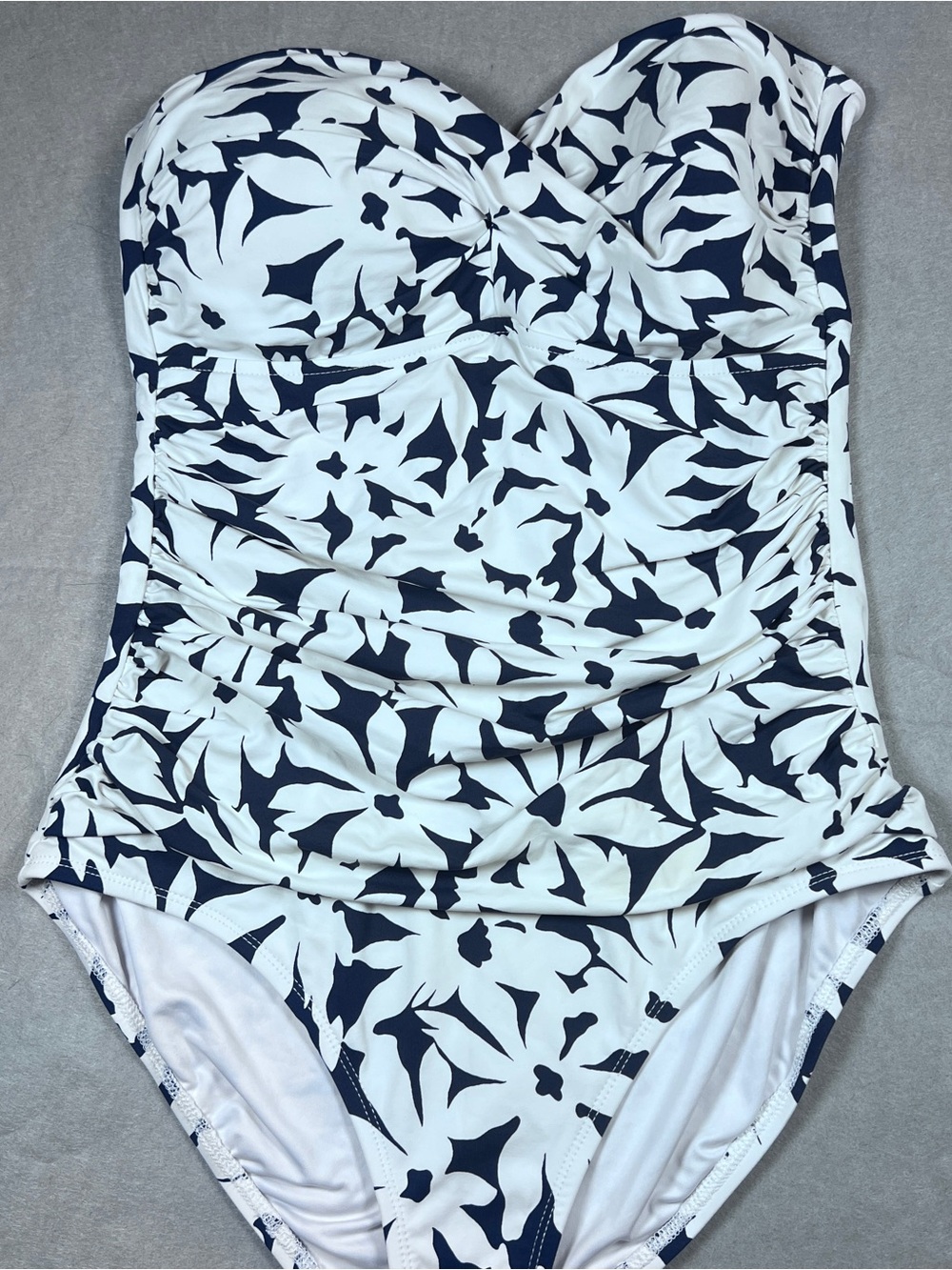 Anne Cole Navy White Floral One Piece Swimsuit Size 14 Ruched Bandeau